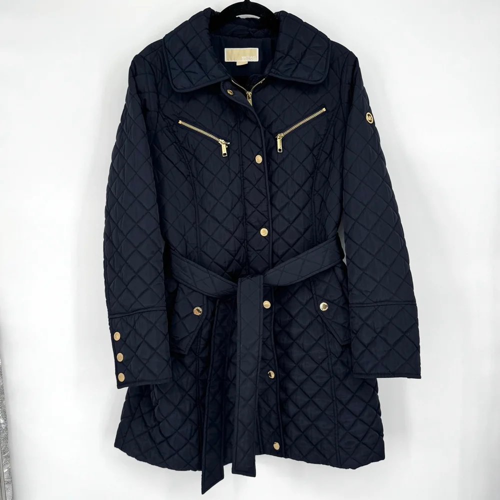 Michael Kors Quilted Belted Jacket L Navy with Gold Hardware